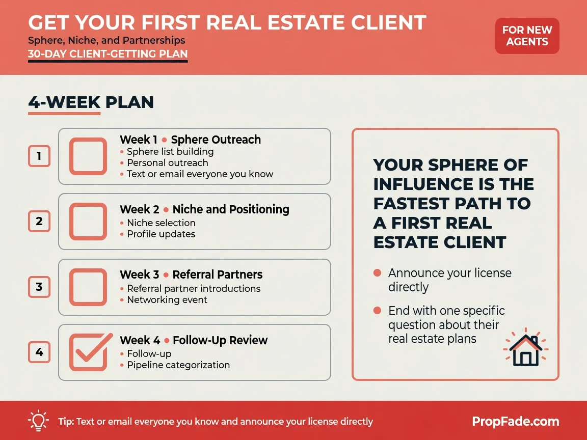 30-day client-getting plan for new real estate agents, divided into four weekly phases: sphere outreach, niche and positioning, referral partner introductions, and follow-up review