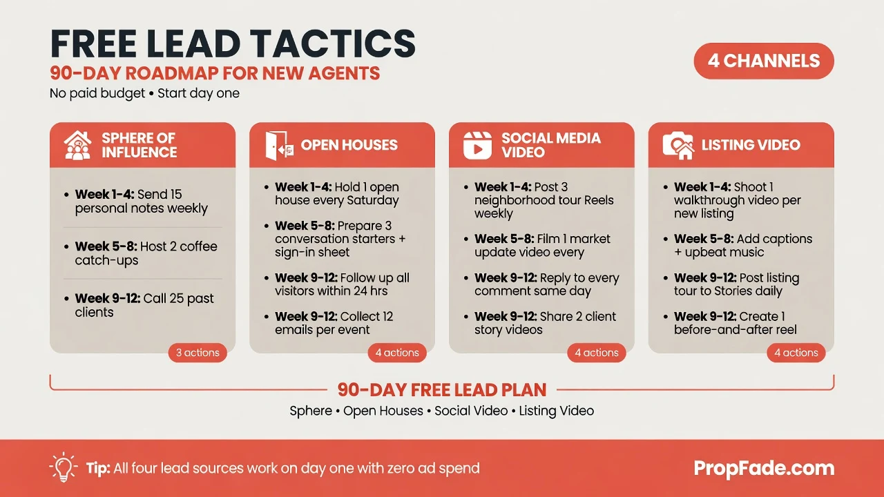 Free lead tactics list for new real estate agents organized by four channels: sphere, open houses, social media video, and listing video, with weekly action items for each channel