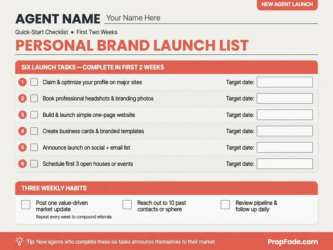 Personal brand launch list for new real estate agents showing six launch tasks and three weekly habits as fillable checkboxes