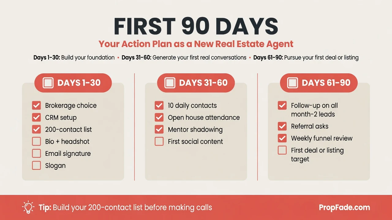 First-90-days plan for new real estate agents: a three-column list divided by Days 1-30, 31-60, and 61-90 with specific action items in each column