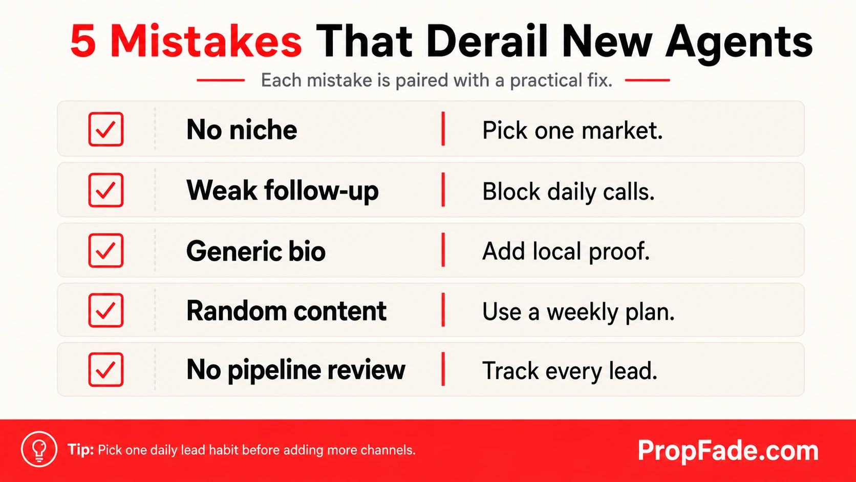 Mistakes list for new real estate agents: five common pitfalls each paired with a one-sentence fix, formatted with checkboxes