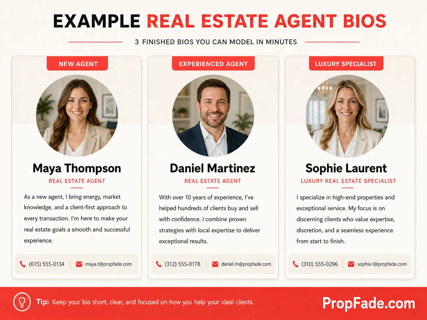 Gallery of three finished real estate agent bios displayed as profile cards, each showing an avatar placeholder, agent name, bio text, and a contact line