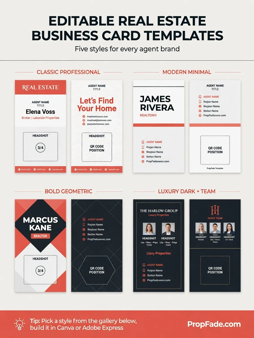 Five real estate business card layouts in classic, modern minimal, bold geometric, luxury dark, and team card styles, each with placeholder agent name, headshot guide box, and QR code position marked