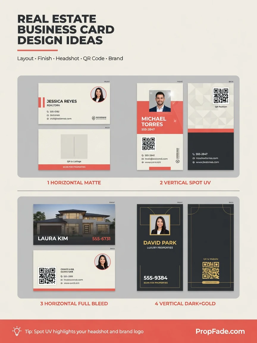 Gallery of six real estate business card design styles showing horizontal and vertical layouts, matte and spot UV finishes, headshot placements, and QR code positions on front and back