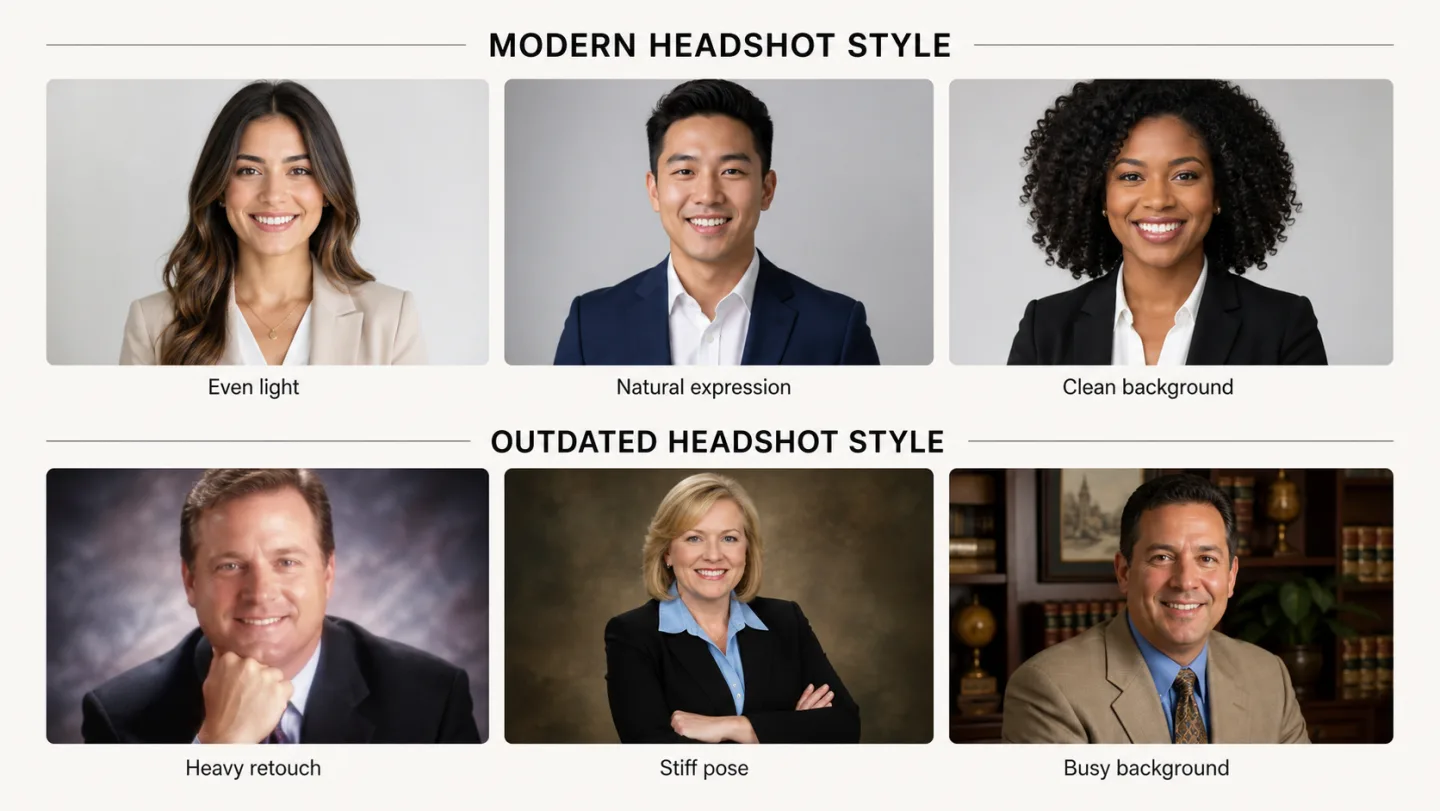 Gallery of six real estate agent headshots: three labeled 'Good' showing sharp focus, current styling, clean backgrounds, and genuine expressions; three labeled 'Dated' showing soft-focus filters, crossed-arm poses, and busy prop-heavy backgrounds