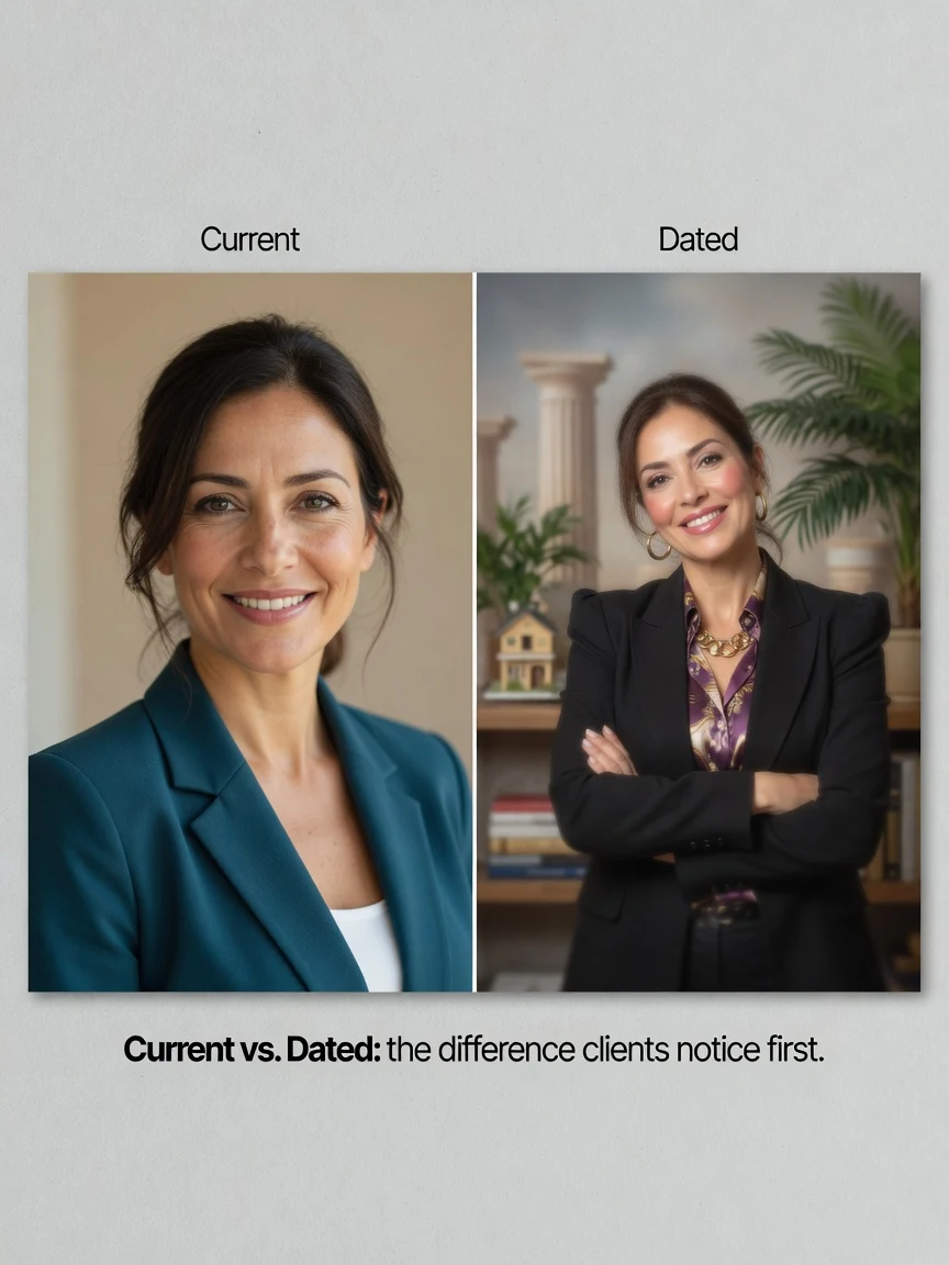 Split-panel comparison: left shows a current real estate agent headshot with sharp eyes, even lighting, and a neutral background; right shows a dated version with heavy soft-focus filter, arms-crossed pose, and busy background
