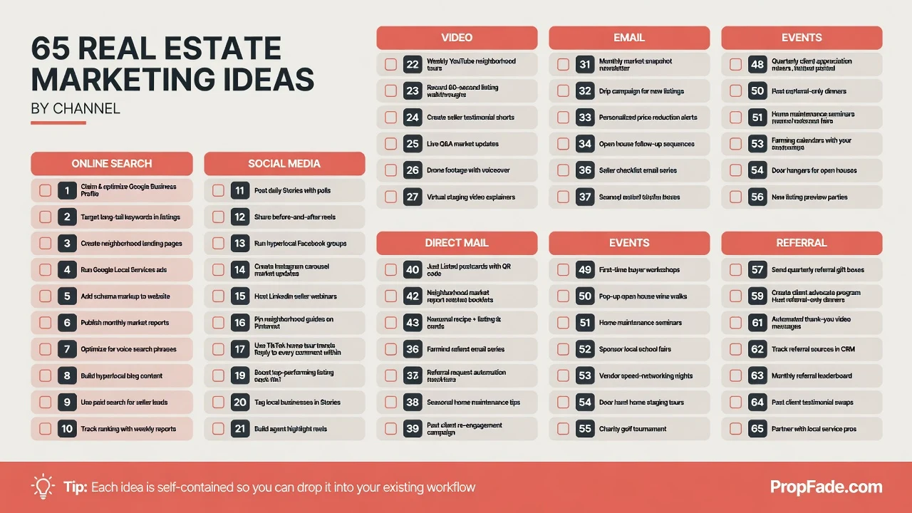 65 real estate marketing ideas organized by channel in a numbered, scannable grid