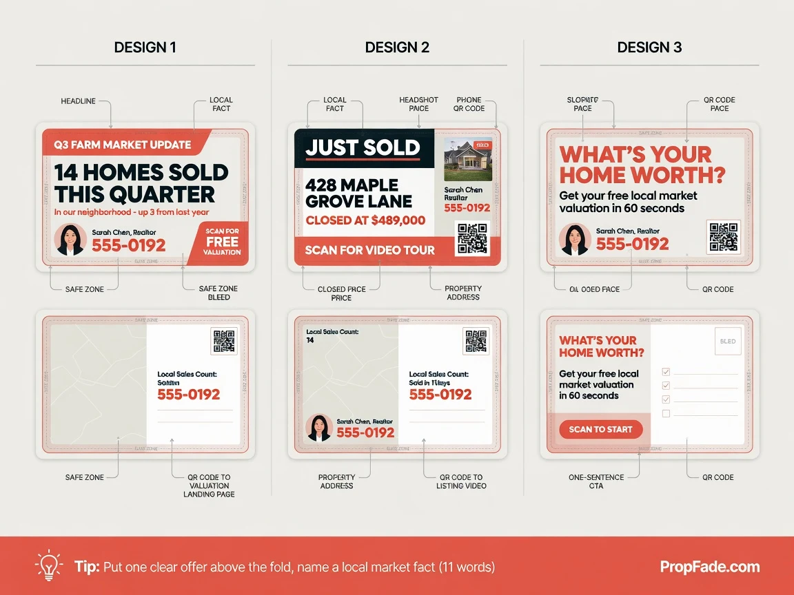 Three annotated real estate postcard designs: a geographic farm market update, a just-sold announcement with sale price, and a home valuation offer with QR code