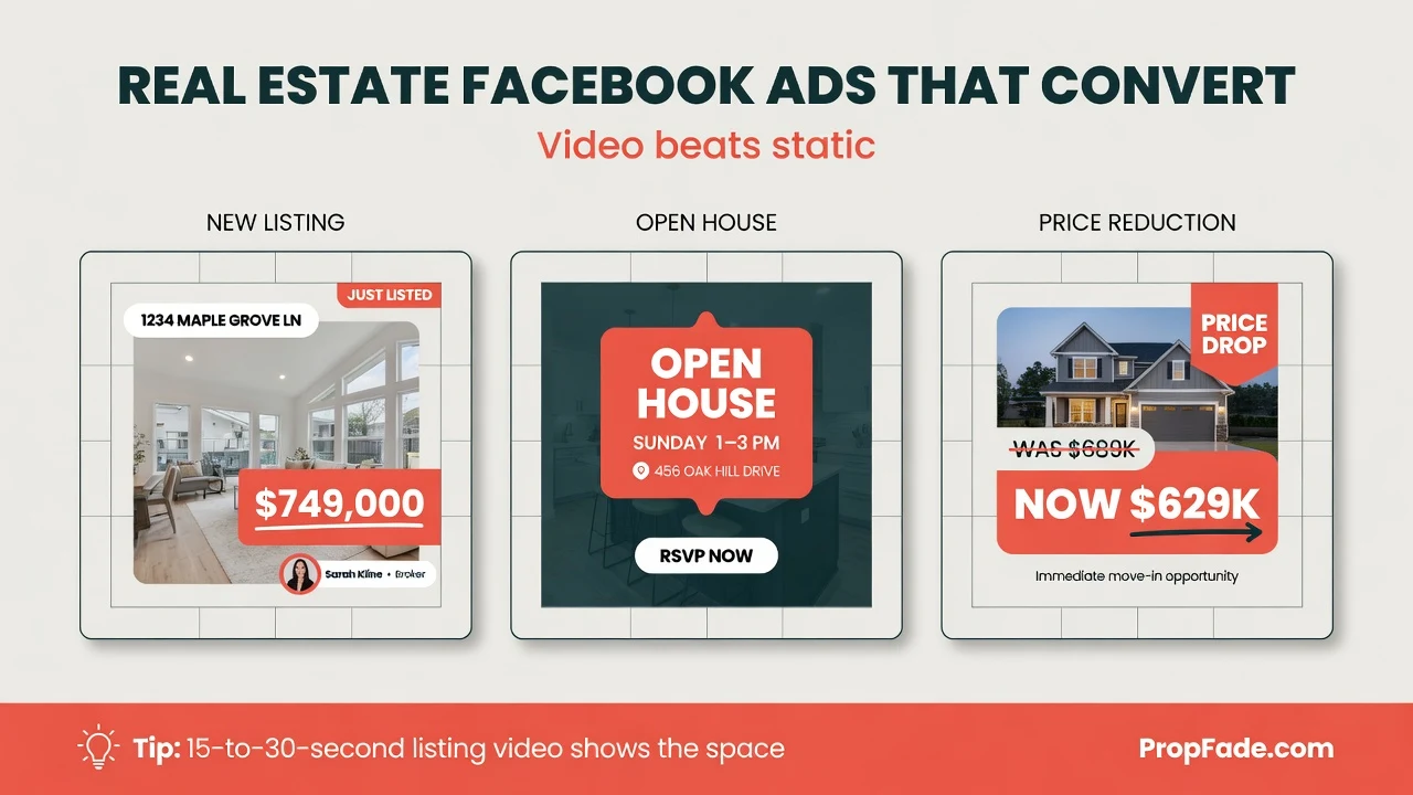 Three real estate Facebook ad creative templates: a new listing announcement, an open house event ad, and a price reduction alert, each in 1:1 feed format