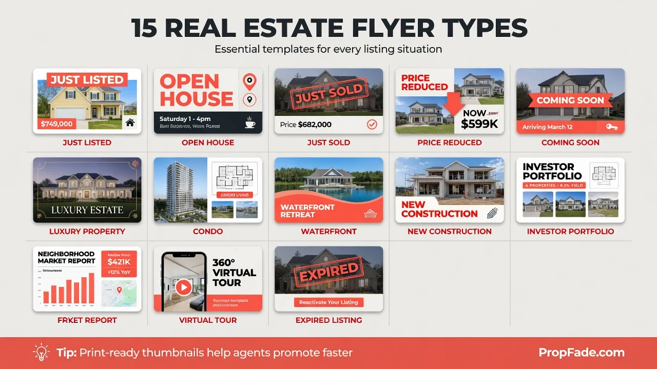 Gallery of 15 annotated real estate flyer examples arranged in a 5-column grid, each labeled by type