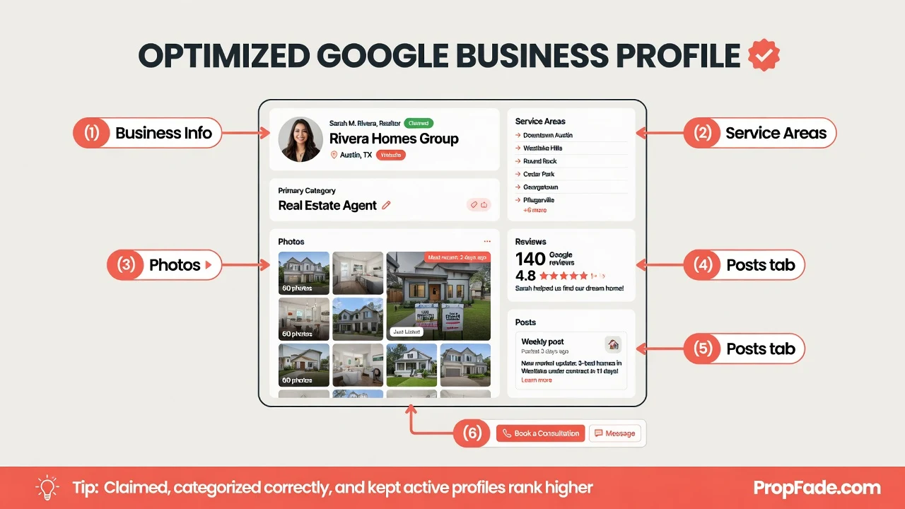 A fully optimized Google Business Profile for a real estate agent showing the primary category set to Real Estate Agent, 60 uploaded photos, 140 Google reviews averaging 4.8 stars, 12 service areas listed, and a recent weekly post