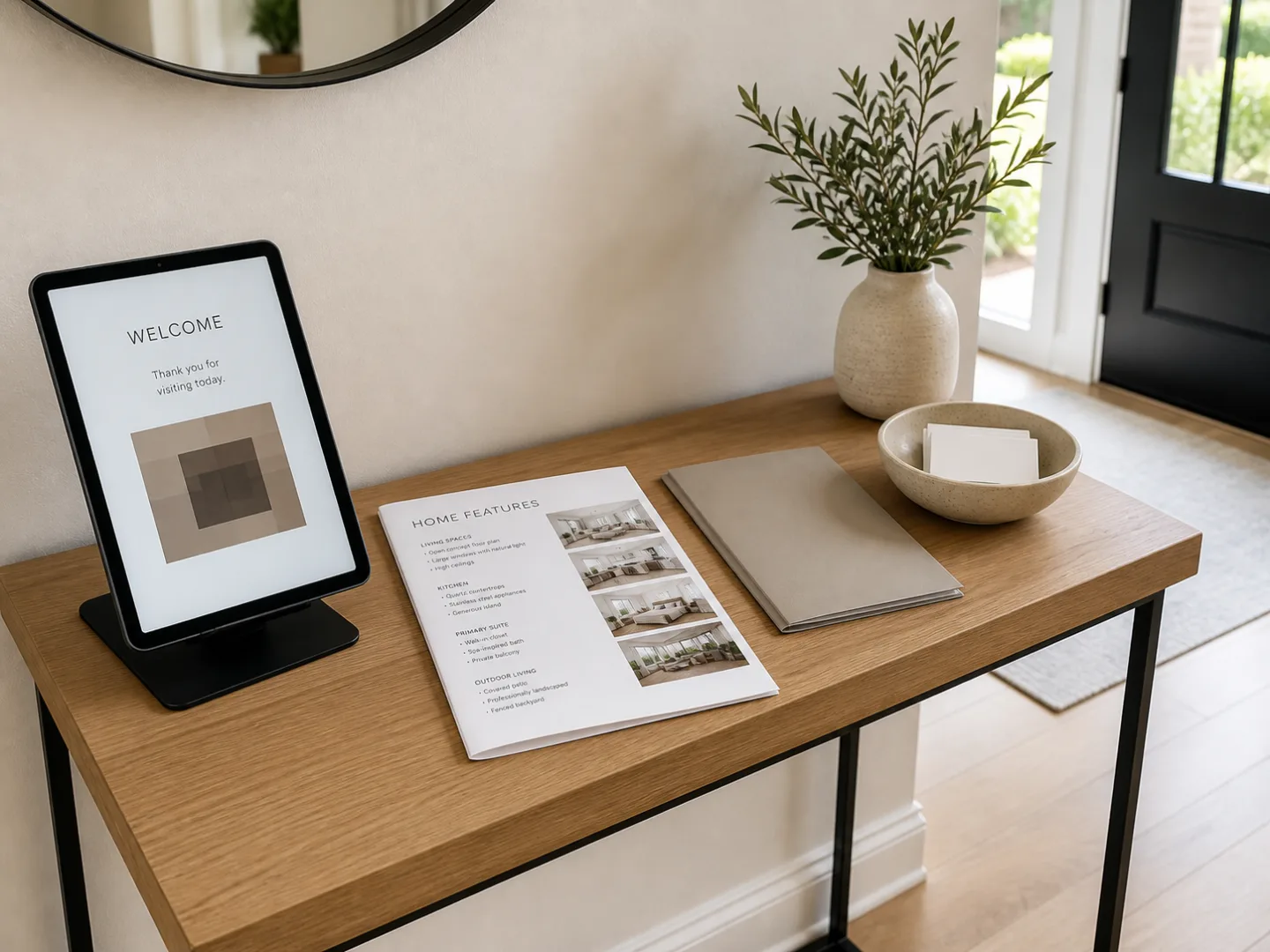 Open house sign-in station at an entryway table with a QR code stand, a printed property feature sheet, a neighborhood guide, and a small bowl of business cards