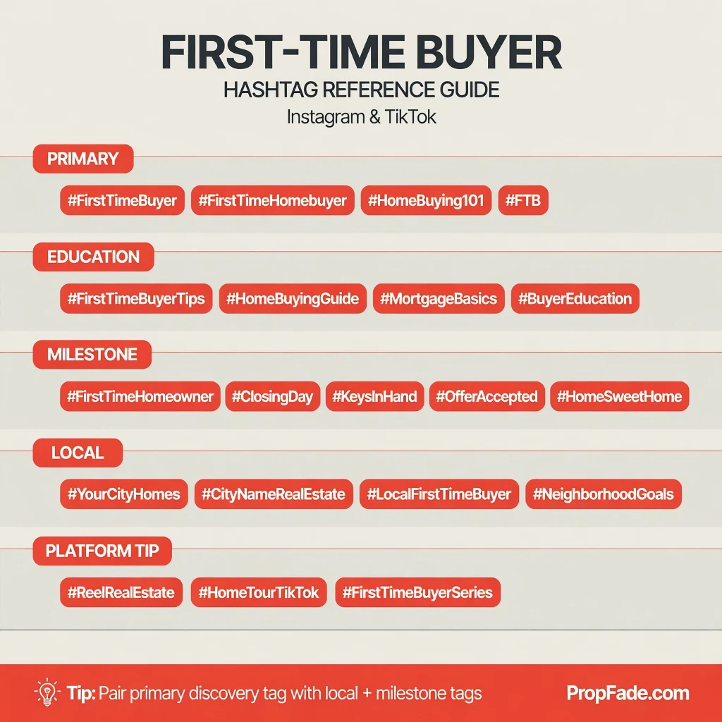 First-time buyer hashtag reference guide organized into five labeled categories on a clean square card