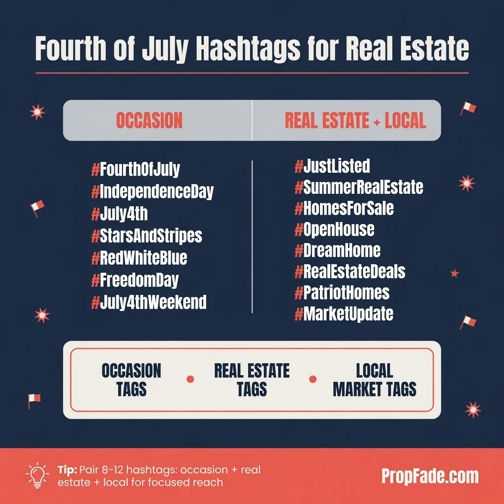 Fourth of July real estate hashtag reference graphic with 18 curated hashtags on a navy background with white and red text accents