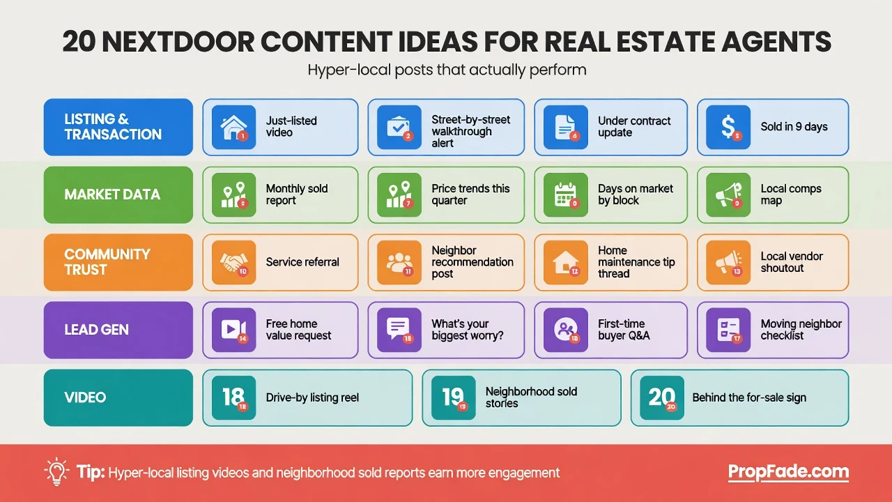 Visual grid of 20 Nextdoor content ideas for real estate agents, organized into four color-coded categories: listing and transaction, market data, community trust, and lead generation