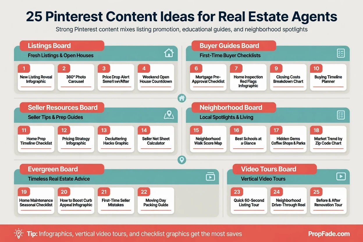 Pinterest content idea bank for real estate agents with 25 content types grouped into six board categories: Listings, Buyer Guides, Seller Resources, Neighborhood, Evergreen, and Video Tours