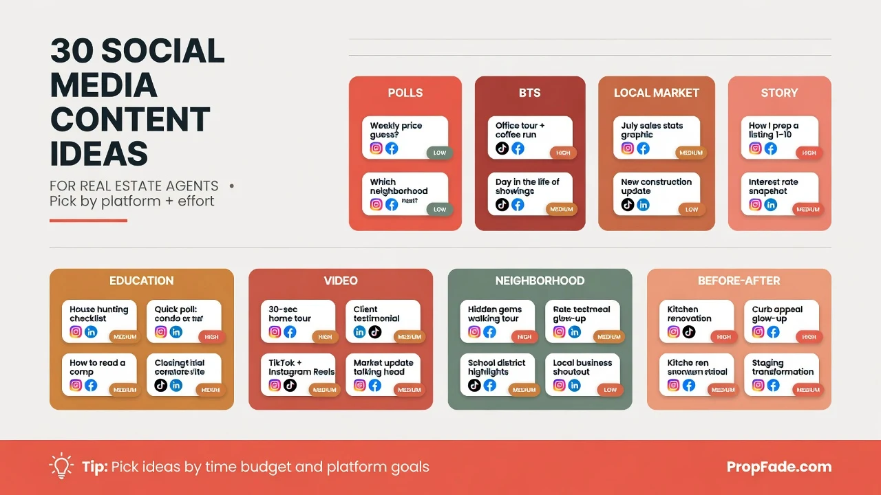 Engagement idea list showing 30 real estate social media content ideas organized into eight categories with platform icons and effort-level tags