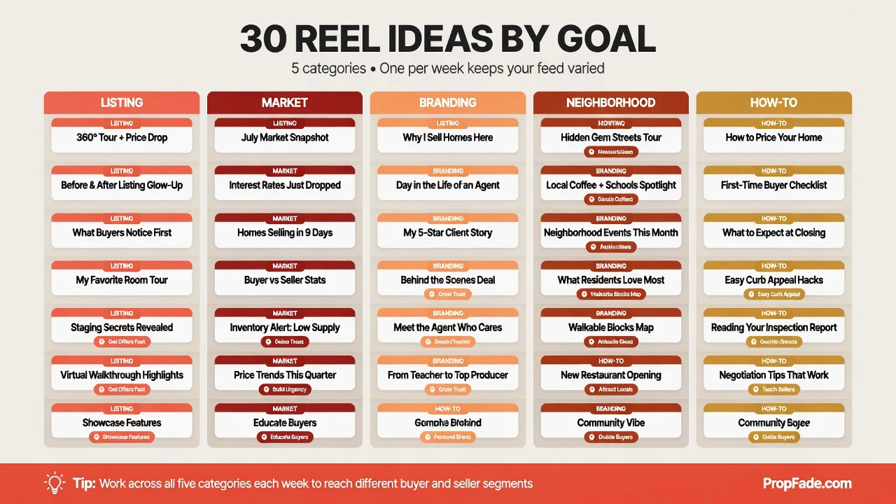 Grid of 30 real estate reel idea cards organized into five color-coded categories: listing, market, branding, neighborhood, and how-to