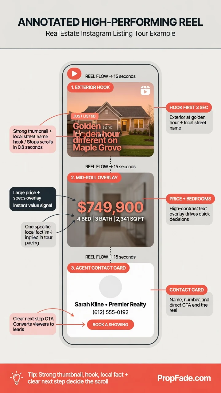 Annotated example of a real estate Instagram reel showing a listing tour with on-screen price and bedroom overlay, ending on an agent contact card