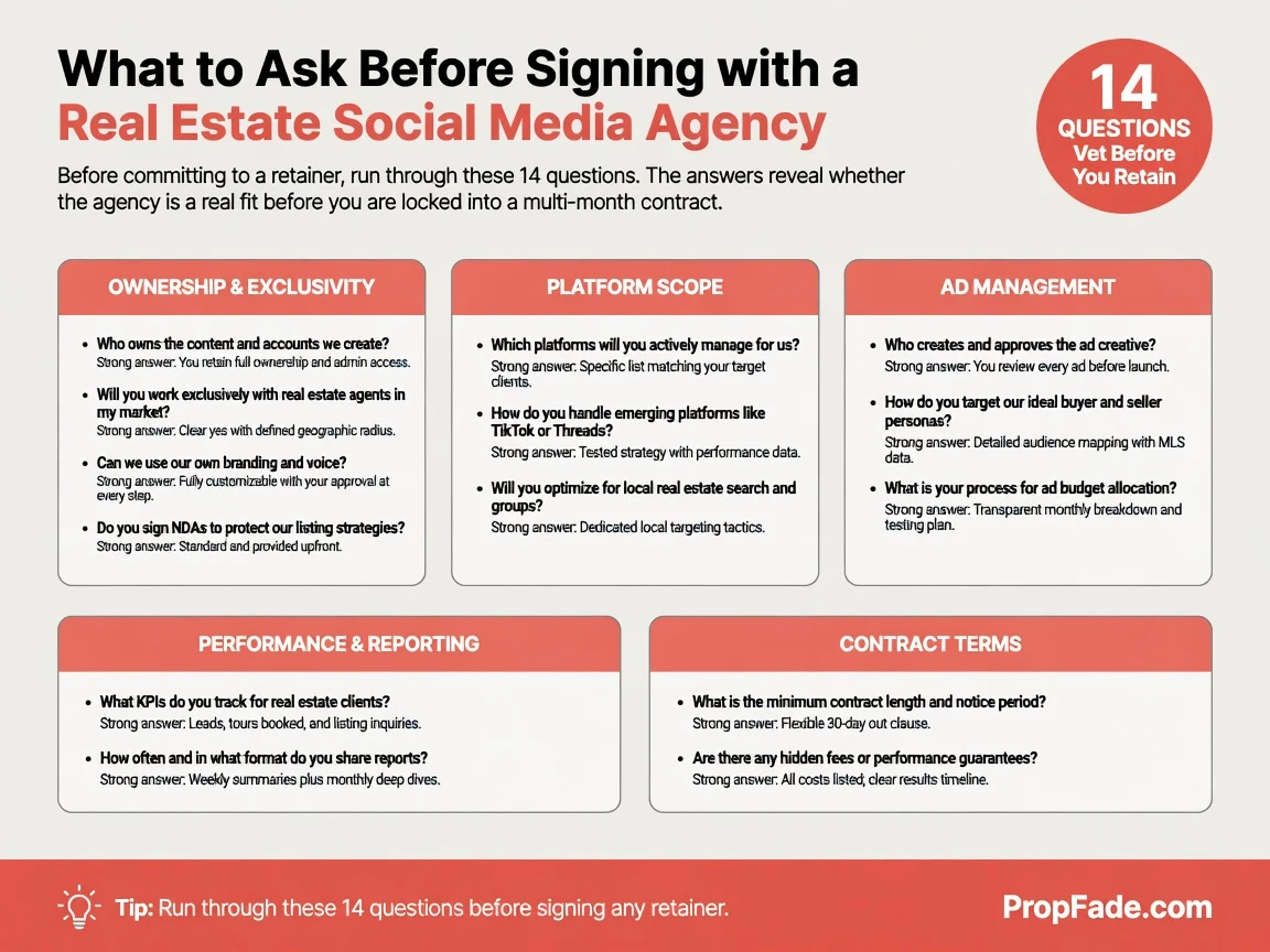 Vetting question list with 14 questions for real estate social media agencies, organized into five sections: ownership, platforms, ad management, performance, and contract terms