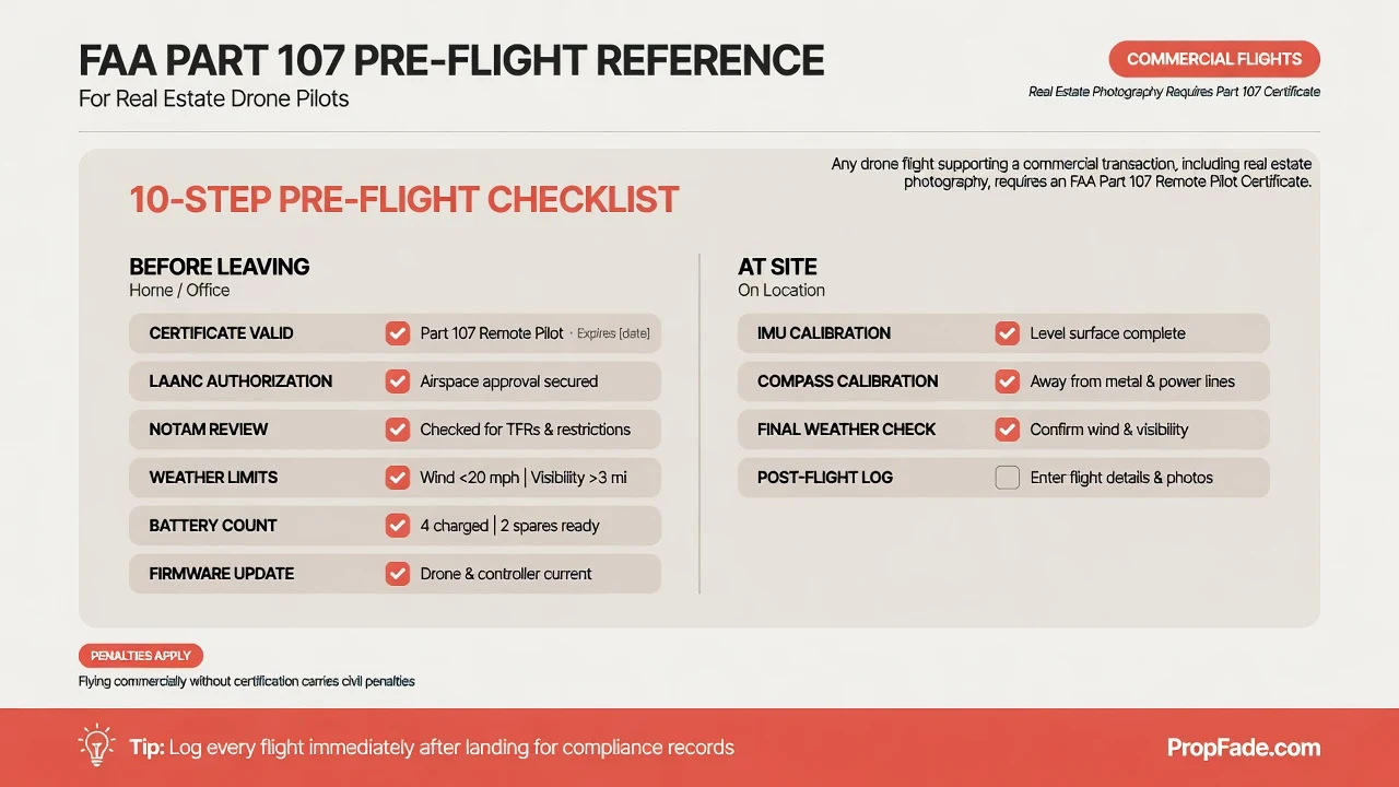 FAA Part 107 pre-flight reference for real estate drone pilots covering certification status, airspace authorization, NOTAM check, weather limits, battery count, firmware update, compass calibration, and post-flight log