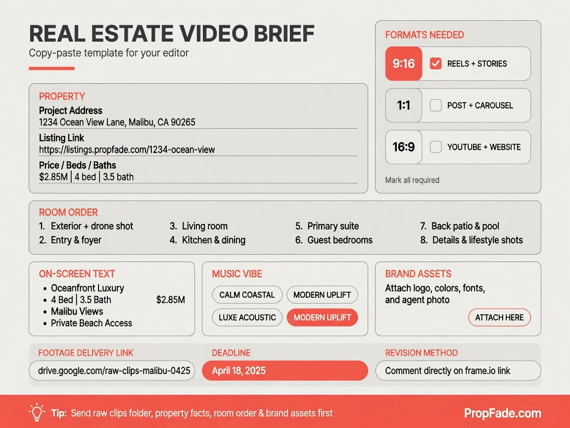 One-page editor brief template for real estate video editing with labeled fields for project address, formats, room order, brand assets, and deadline