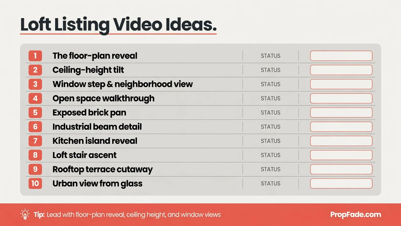 Loft listing video idea reference with all 10 ideas numbered and a status marker for each