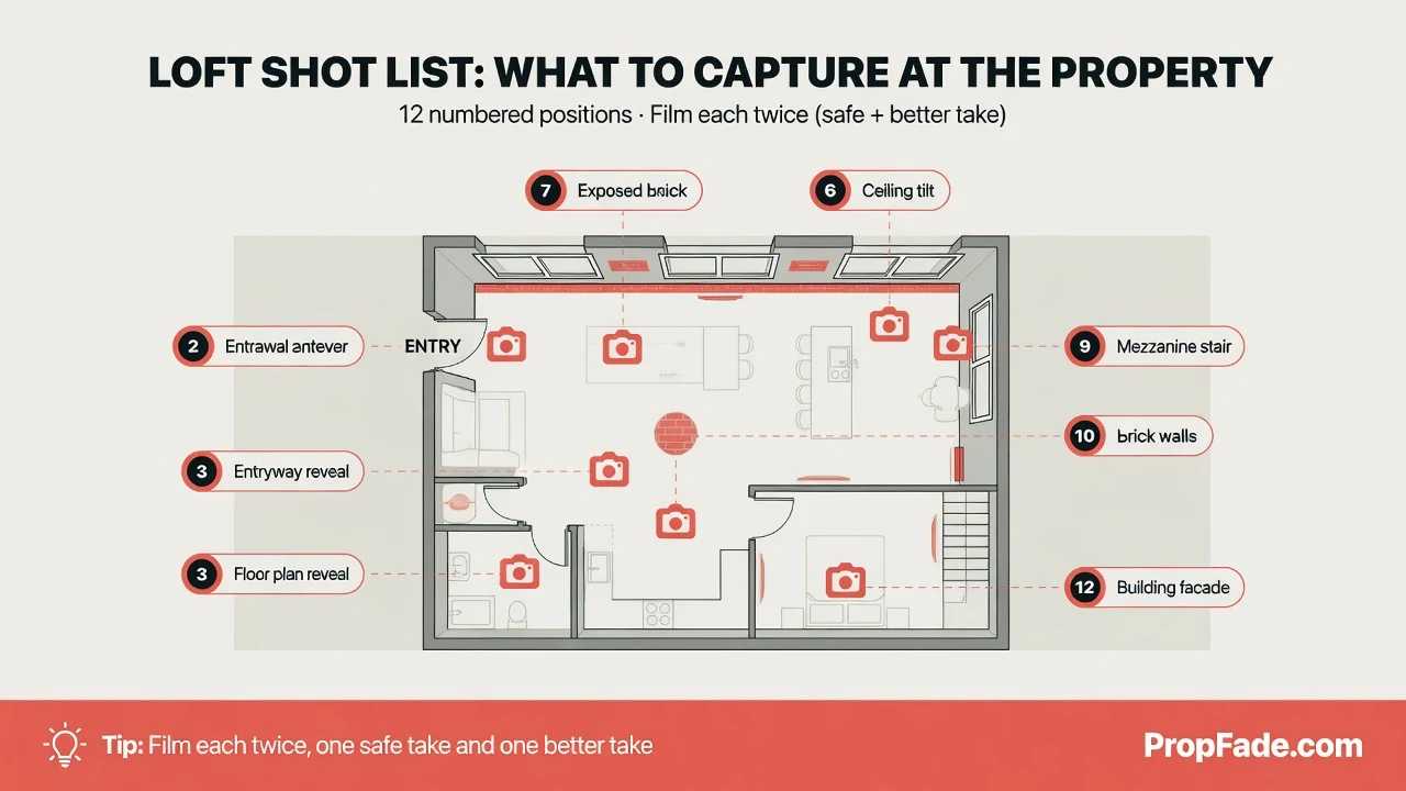 Overhead floor plan of a loft unit with 12 numbered shot positions marked for the video shoot