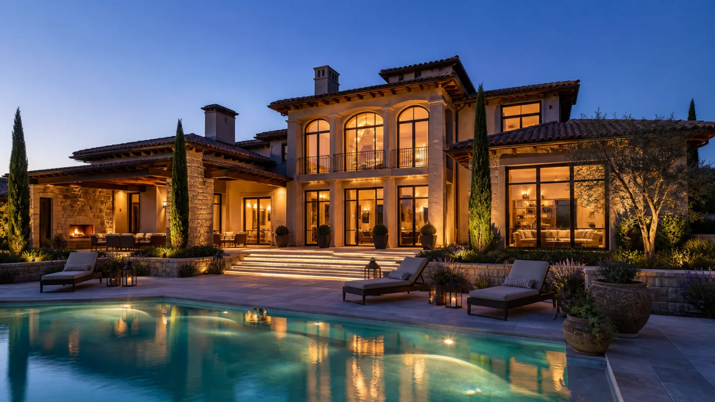 Cinematic twilight exterior of a luxury estate with warm interior lights glowing through floor-to-ceiling windows and a lit pool in the foreground