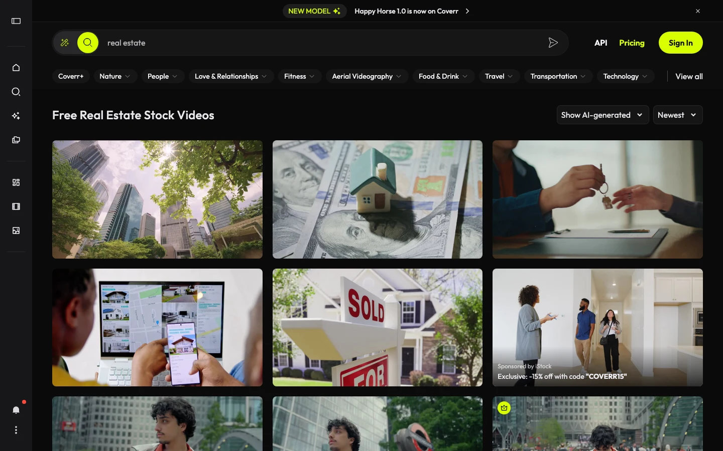 Coverr website showing free stock video gallery with residential lifestyle clips