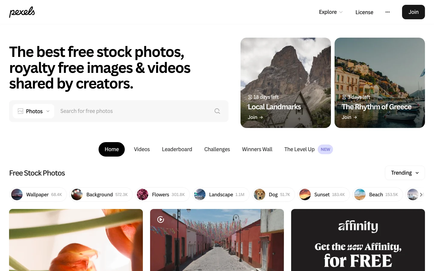 Pexels homepage showing free stock video categories and search for property and lifestyle clips