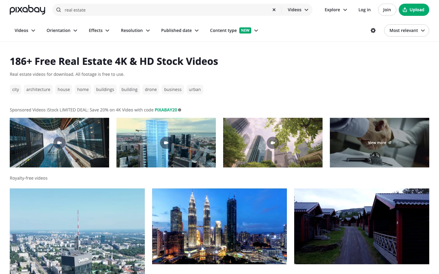Pixabay website showing free stock video search results for real estate and home interiors