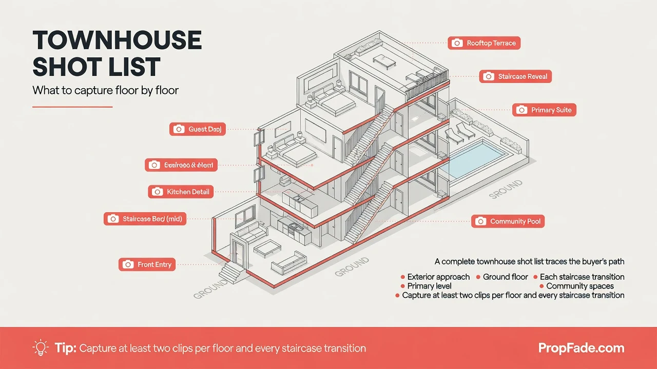 Annotated townhouse floor plan cut-away with camera icons at the private entry, ground-floor kitchen, mid-floor staircase, top-floor primary suite, and rooftop terrace