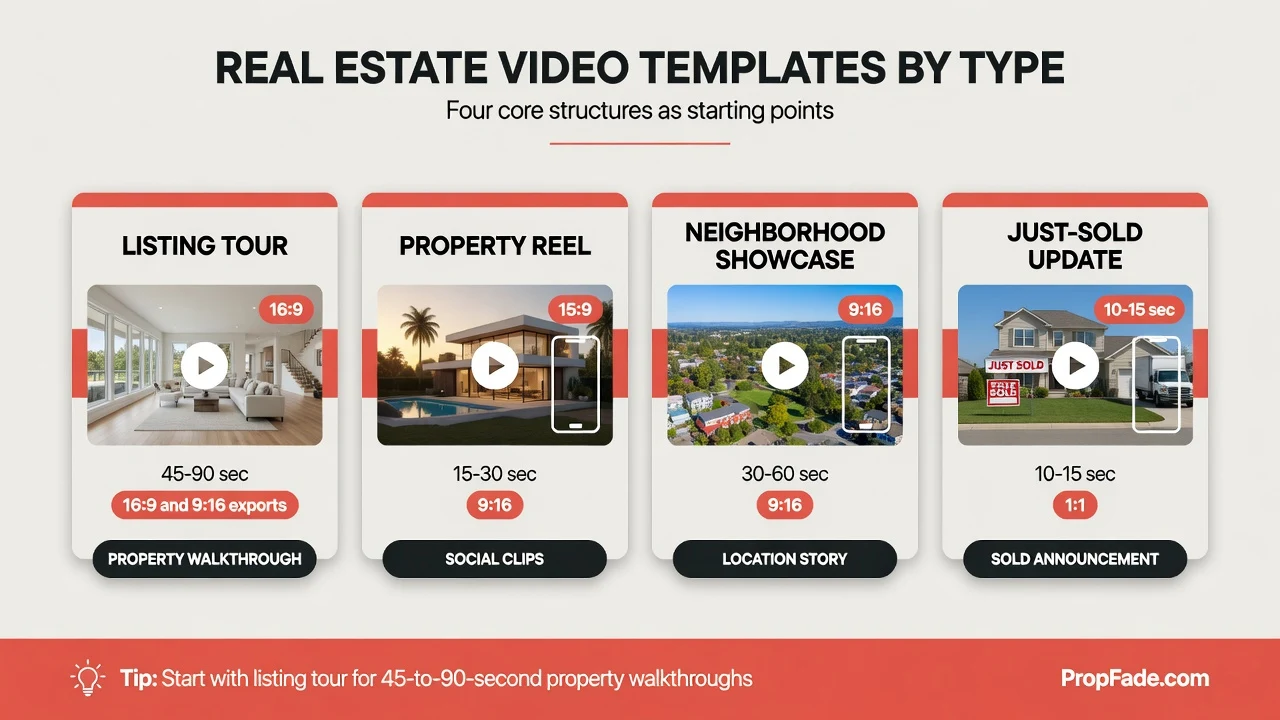 Four real estate video planning examples: listing tour, property reel, neighborhood showcase, and just-sold update