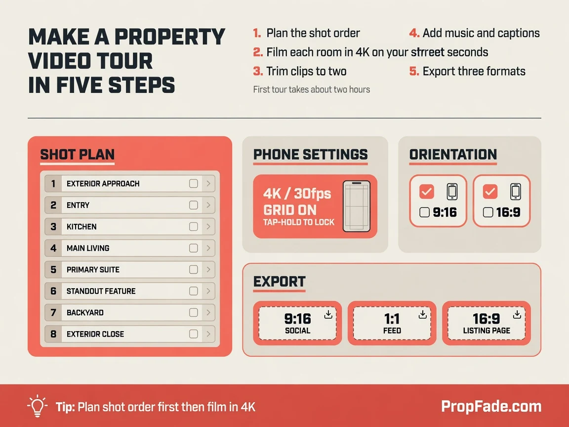 Real estate video tour planning guide with eight shot slots, phone settings, orientation checkbox, and export labels for three formats