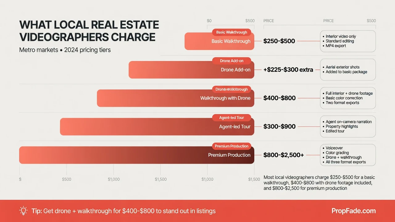Bar chart comparing real estate videographer pricing tiers from basic walkthrough to premium production