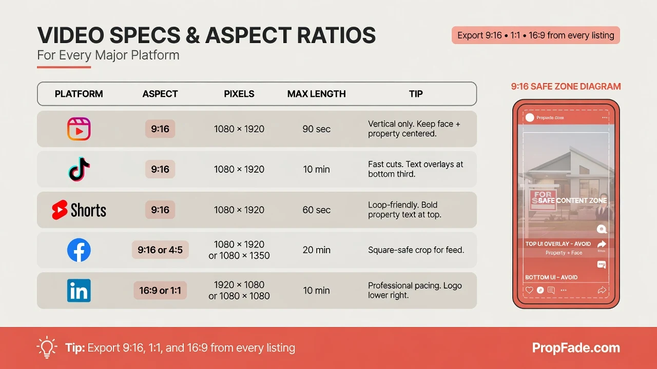 Platform specs reference card showing aspect ratios, pixel dimensions, and max video lengths for Instagram Reels, TikTok, YouTube Shorts, Facebook, and LinkedIn