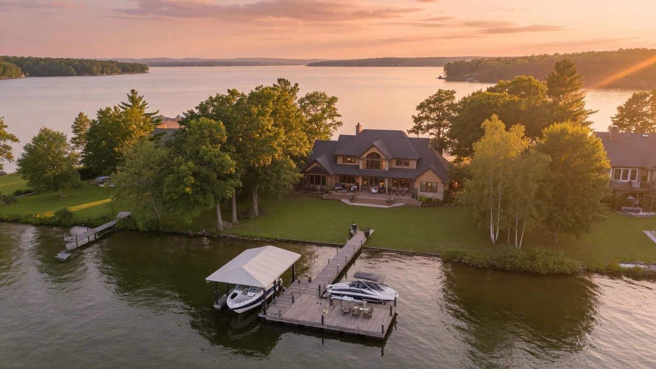 Aerial drone view of a lakefront home with a private dock and covered boat lift surrounded by trees at golden hour